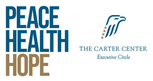 Graphic of a window decal that reads Peace, Health, Hope; along with The Carter Center logo to the right and the text Executive Briefing displayed beneath..