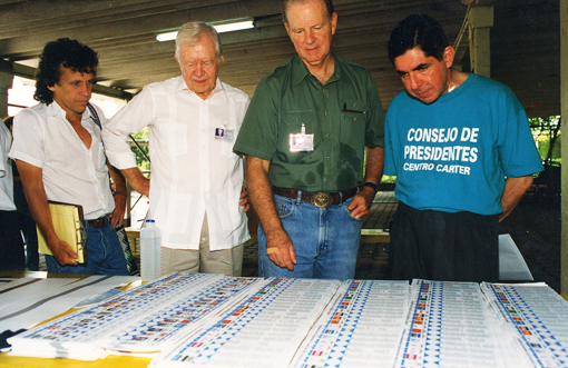 Former U.S. President Jimmy Carter, former Secretary of State James Baker, and former Cost Rica President Oscar Arias led a Carter Center delegation to monitor the October 1996 national election in Nicaragua.