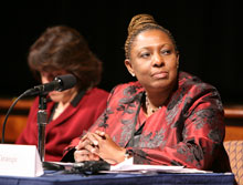 Olivia Grange, Jamaican minister of information, youth, culture and sports, chairs a plenary session at the International Conference on the Right to Public Information. 