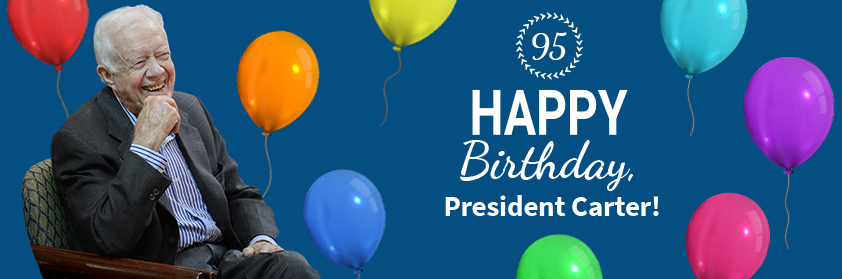 Graphic of President Carter surrounded by balloons.