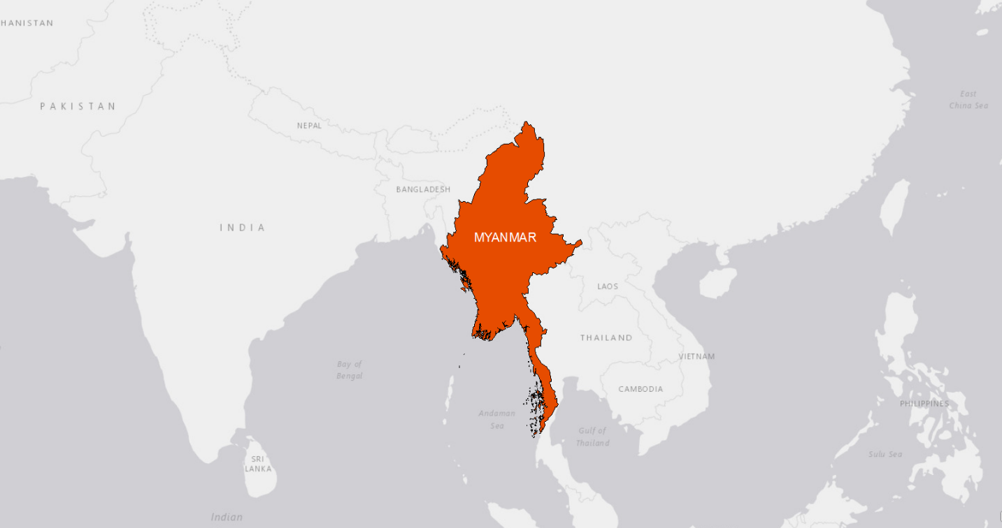 Graphic of a grayscale map with Myanmar highlighted in bright orange.