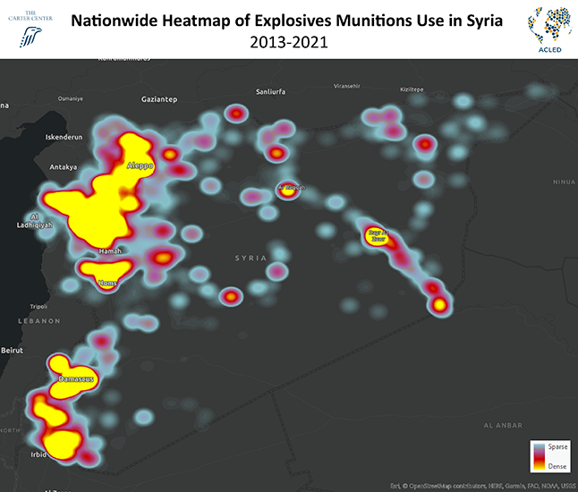 a heatmap of nationwide explosives munitions use in Syria
