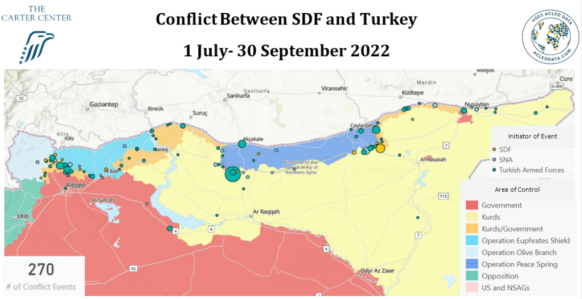 The above map shows conflict between Turkish armed forces and Turkish-backed armed opposition groups, the SDF, and the SNA from July through September 2022. The largest bubble represents 21 conflict events. Data from The Carter Center and ACLED.
