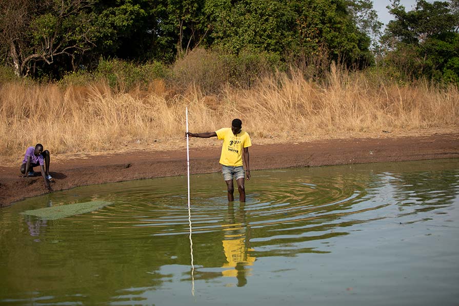With the assistance of his colleagues, Wegwa Odol Othow (yellow shirt) measures a pond for application of a safe larvicide that helps stop the Guinea worm life cycle.