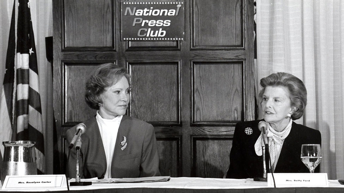 After the White House, Rosalynn Carter established the Mental Health Program at The Carter Center to fight the stigma against mental illness and improve mental health care. Mrs. Carter joined Betty Ford to testify in the U.S. Senate and speak at the National Press Club on March 7, 1994, calling for comprehensive mental health and substance use insurance benefits. (Photo: The Carter Center)