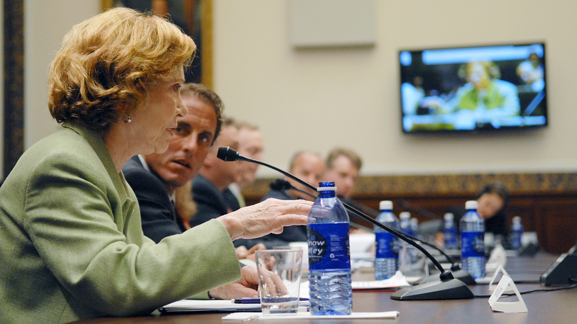 Continuing the fight for mental health care, on July 10, 2007, Rosalynn Carter testified before a U.S. House of Representatives subcommittee in favor of the Wellstone Domenici Mental Health Parity and Addiction Equity Act, calling for mental illnesses to be covered by insurance on par with physical illnesses. (Photo: The Carter Center)