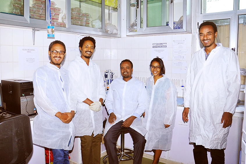 The Carter Center hires, trains, and equips the laboratory’s staff. Left to right are Henok Birhanu, Fikresilasie Samuel, Tadese Asmare, Tsion Hailemichael, and Firdaweke Bekele. 