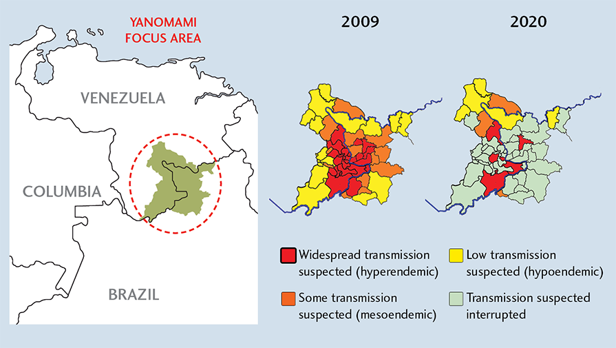 Map of river blindness decline on the Venezuela/Brazil border.