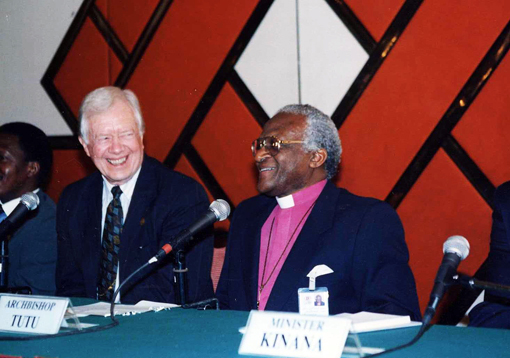 Former U.S. President Jimmy Carter and Archbishop Desmond Tutu of South Africa in Cairo.
