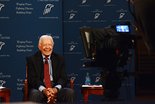 On Sept. 10, 2013, former U.S. President Jimmy Carter participates in an online video discussion about challenges facing global health. The discussion was hosted on Google+, and President Carter was joined by New York Times op-ed columnist Nicholas Kristof in New York and Carter Center disease eradication specialist Dr. Donald Hopkins in Chicago.