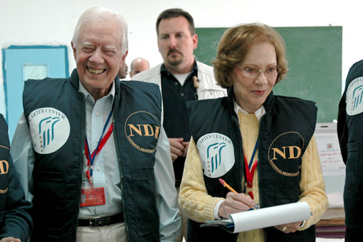 Former U.S. President Jimmy Carter and his wife, Rosalynn, observe the 2006 Palestinian parliamentary elections.