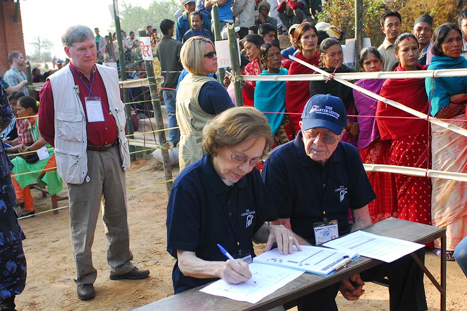 President and Mrs. Carter observe voting in Bhaktapur.