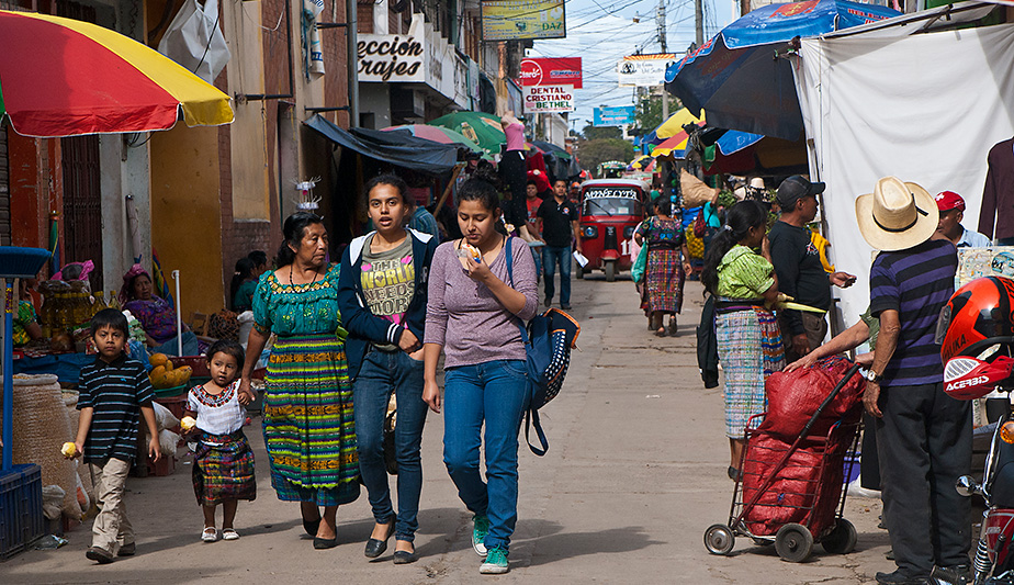 A busy market street in Santa Cruz del Quiché, Guatemala.
