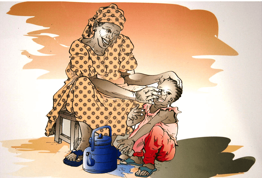 "What is this woman doing here? She is washing the face of her child with soap and clean water. This prevents trachoma."