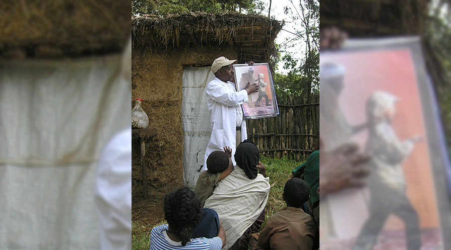 A community-based health educator in Ethiopia uses a flip chart to facilitate health education in a rural area. 