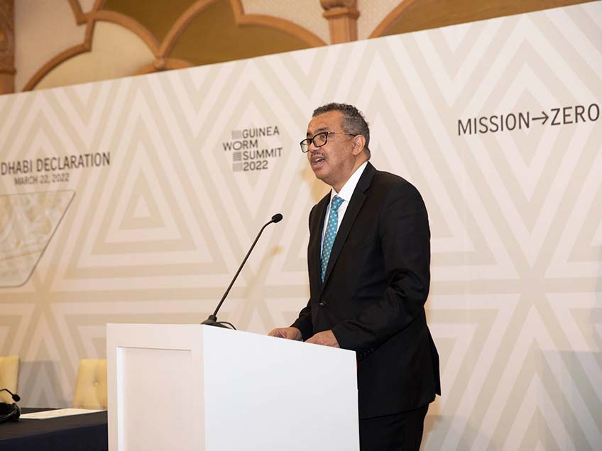 Dr. Tedros Adhanom Ghebreyesus, director-general of the World Health Organization, speaks at the “Mission Zero” Guinea Worm Summit 2022 in Abu Dhabi.