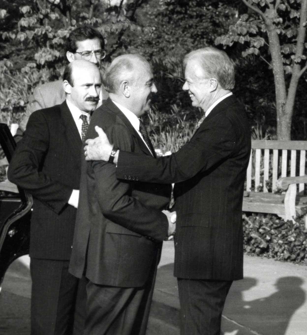 Jimmy Carter greets Mikhail Gorbachev at Emory University. 