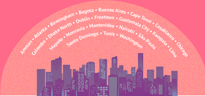 Illustration of a cityscape overlayed with the name of each of the thirteen cities .